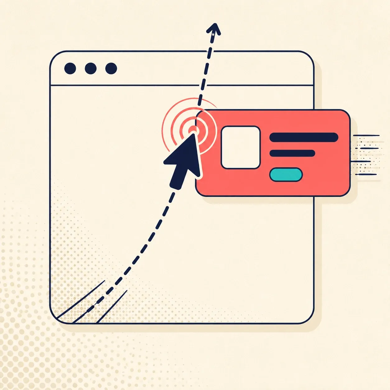 Flat illustration of a coral exit-intent popup intercepting a leaving shopperβs cursor on a browser window