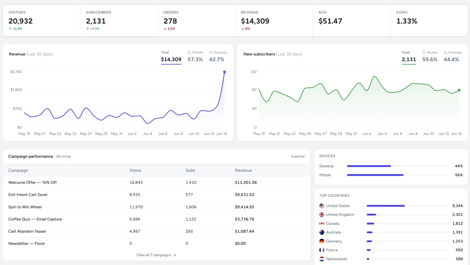 The WooHoo analytics dashboard showing visitors, subscribers, revenue, per-campaign performance and top countries