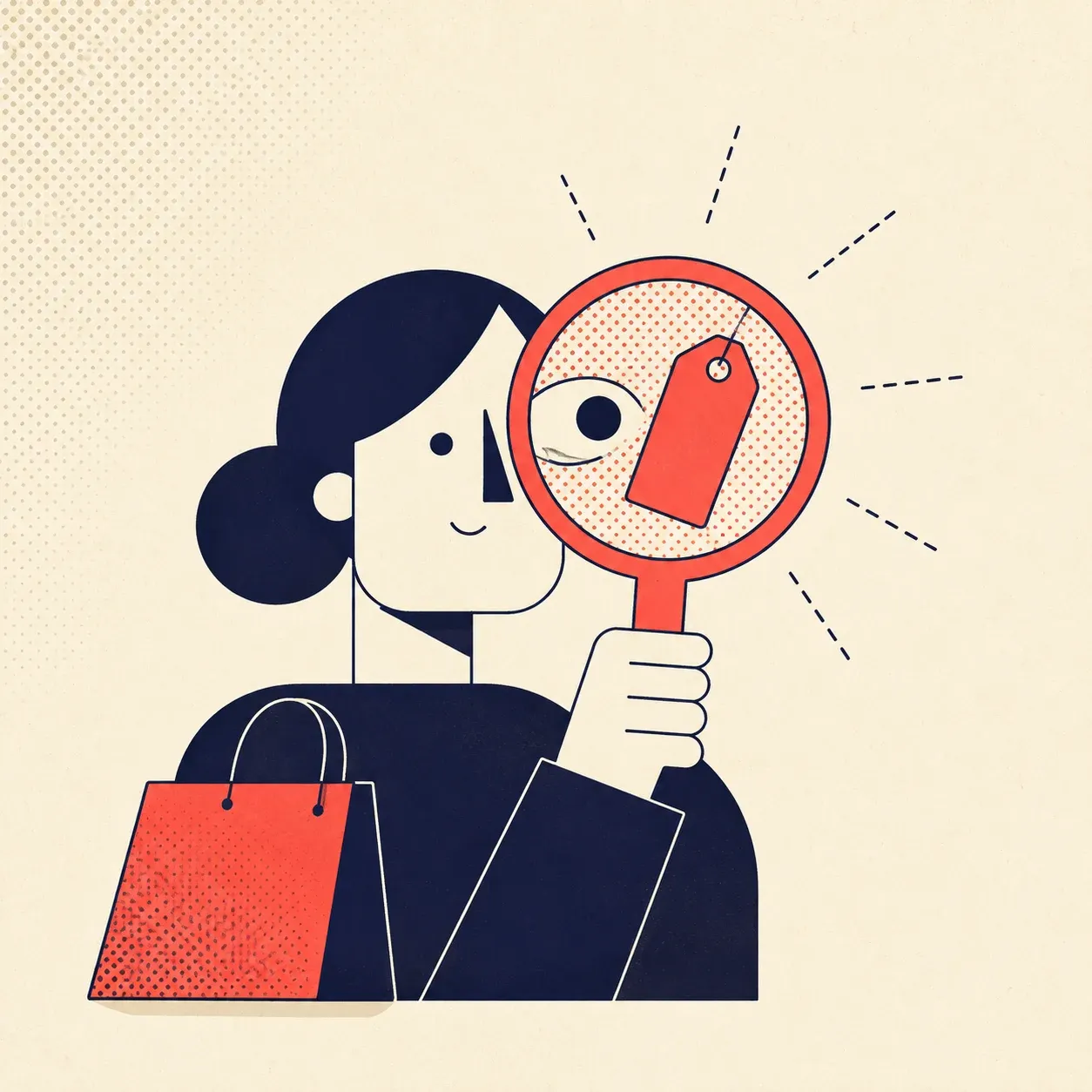 Flat illustration of a deal-hunter shopper inspecting a discount tag through a magnifying glass