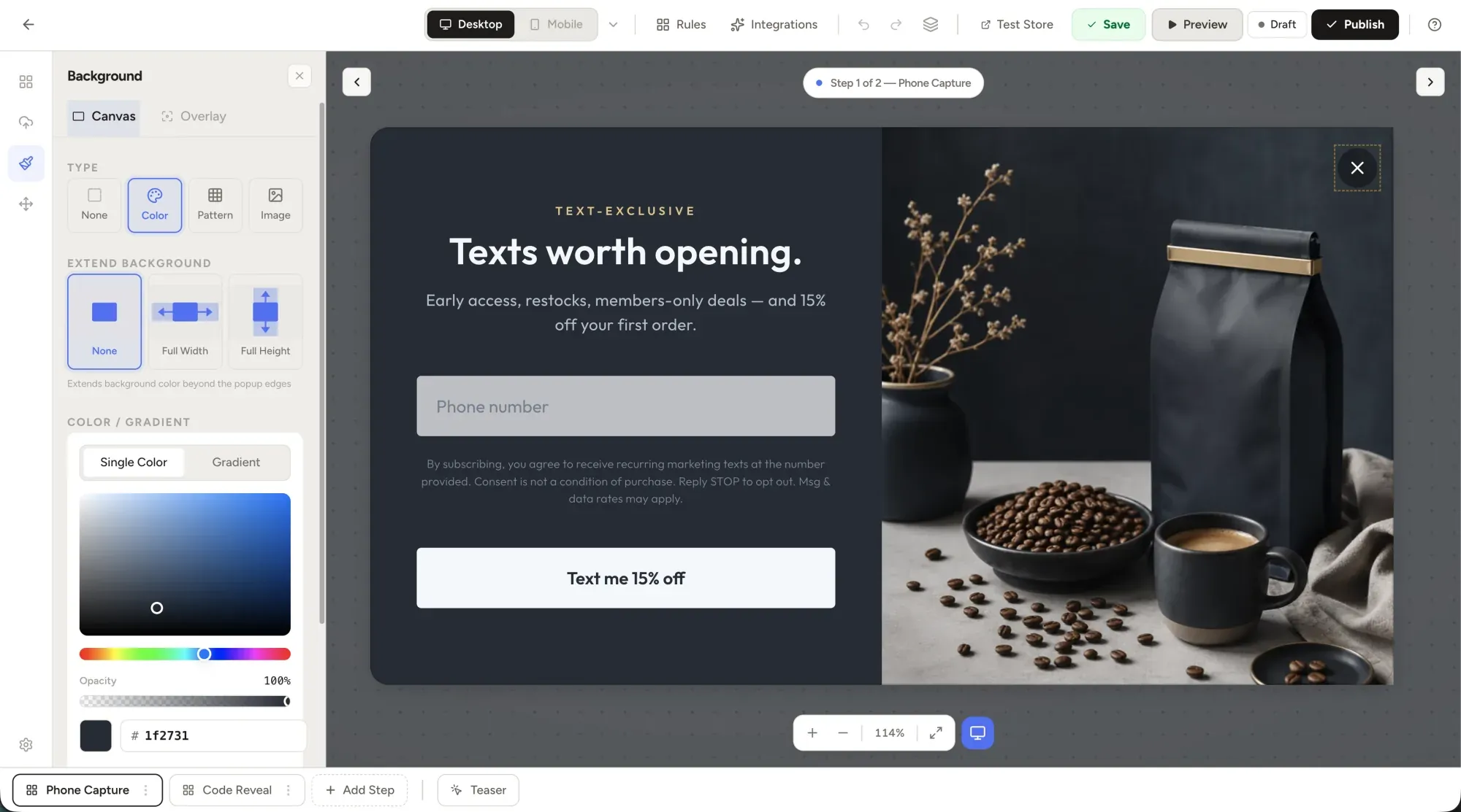 The WooHoo drag-and-drop popup editor, styling a phone-capture popup with live desktop and mobile preview