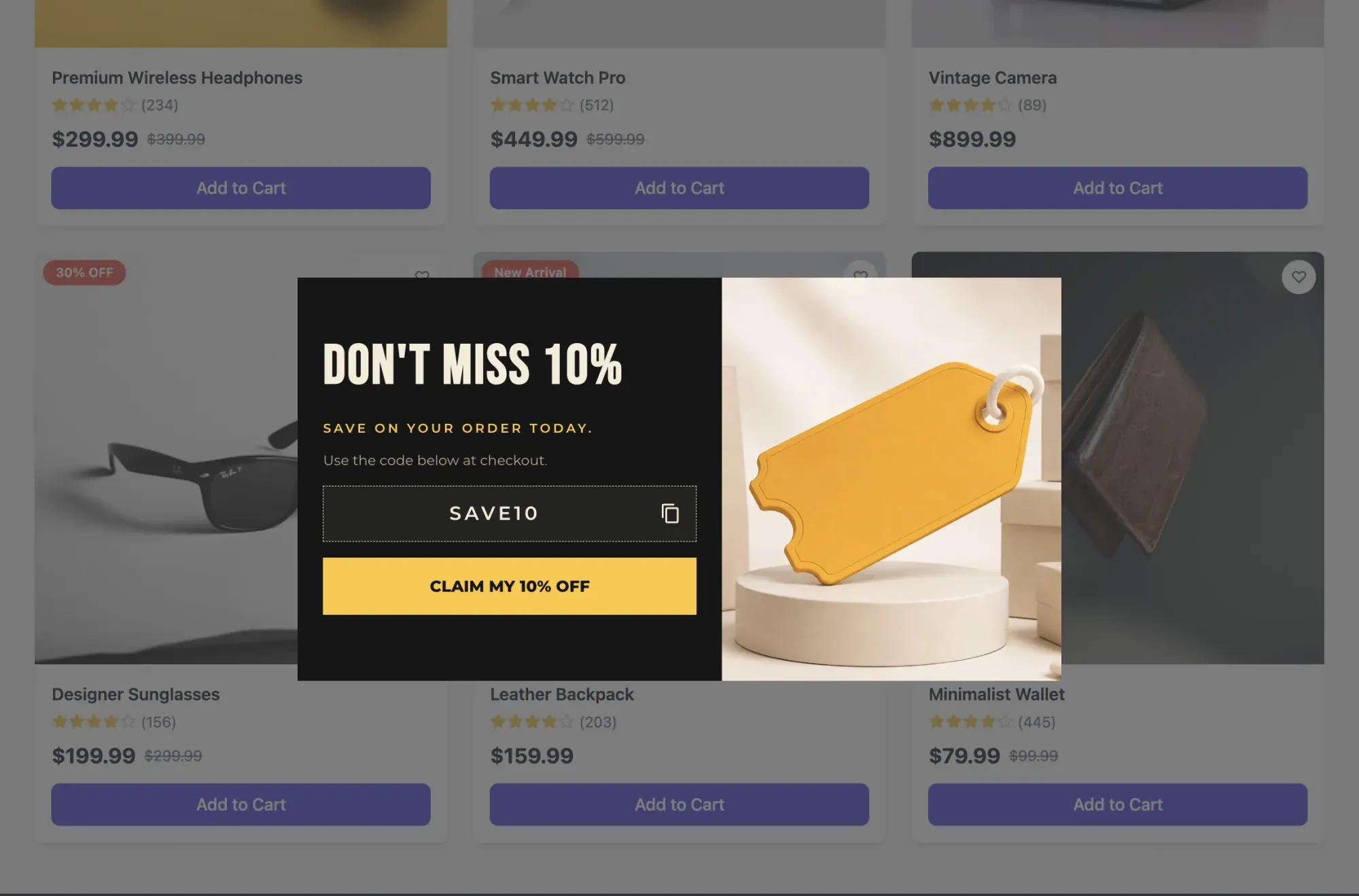 An exit-intent discount popup with a copyable coupon code, shown over a Shopify storefront as a shopper is about to leave
