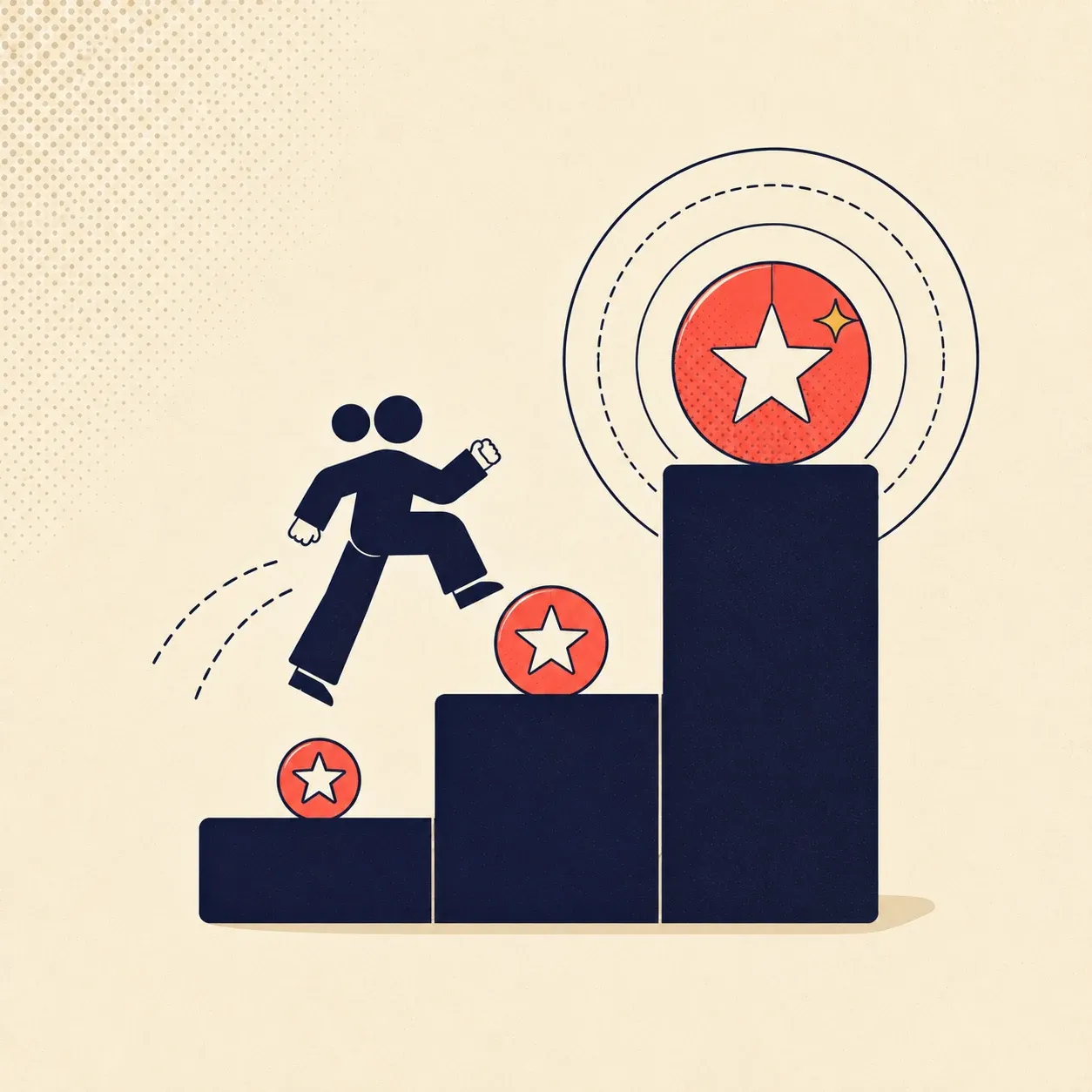 Flat illustration of a shopper climbing a staircase of loyalty reward badges