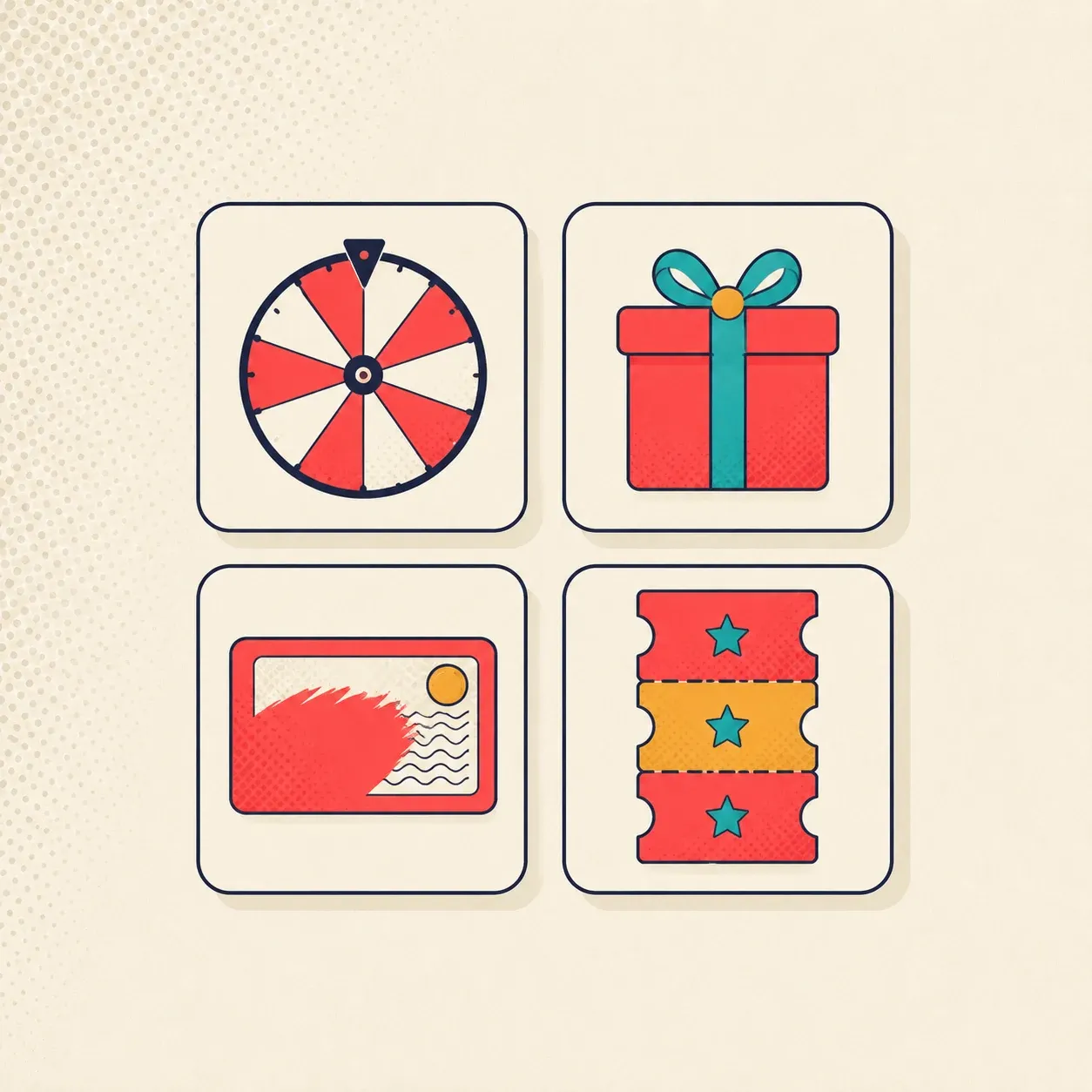 Flat illustration of WooHoo four games: spin the wheel, pick a gift, scratch card and coupon reel